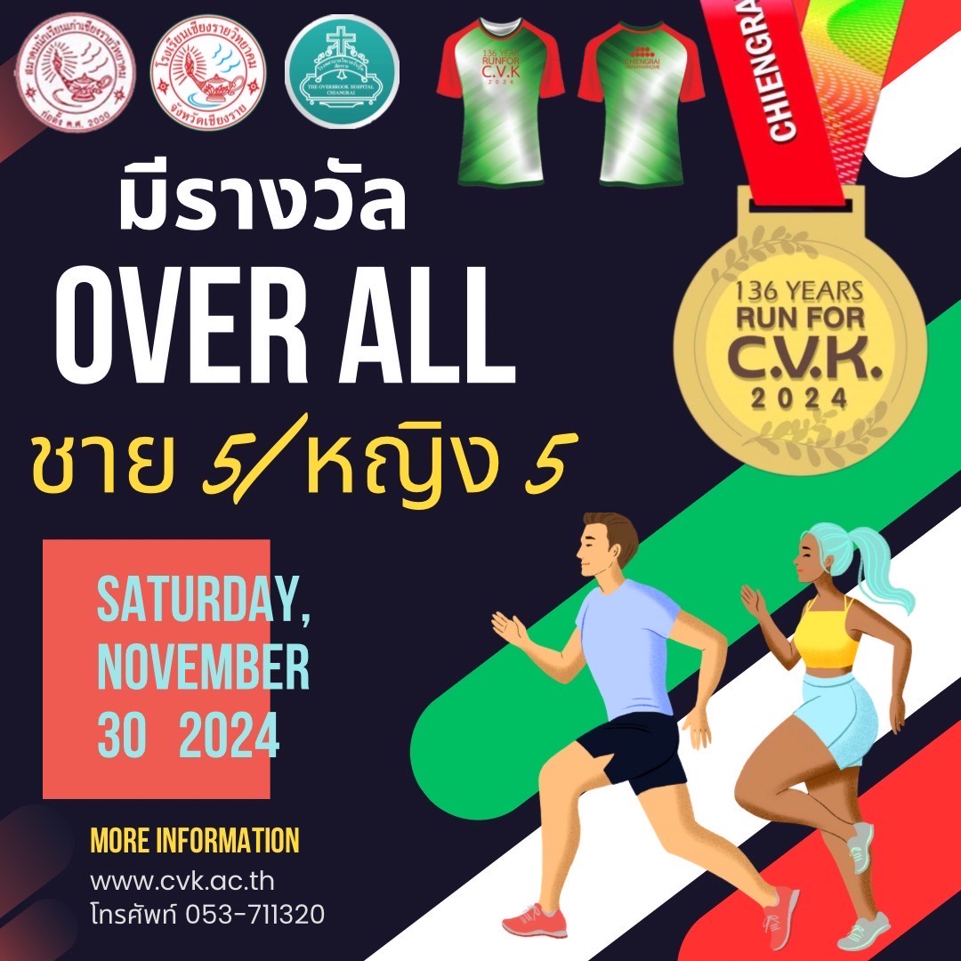 เสาร์ที่ 30 พ.ย..2567 นี้ ใครจะคว้าโล่รางวัล Over all 5K (ชาย 5 คน / หญิง 5 คน ) รีบสมัครด่วน หมดเขต 15 พฤศจิกายน 2567 Run For C.V.K.2024 สอบถามโทร 053-711320 โรงเรียนเชียงรายวิทยาคม