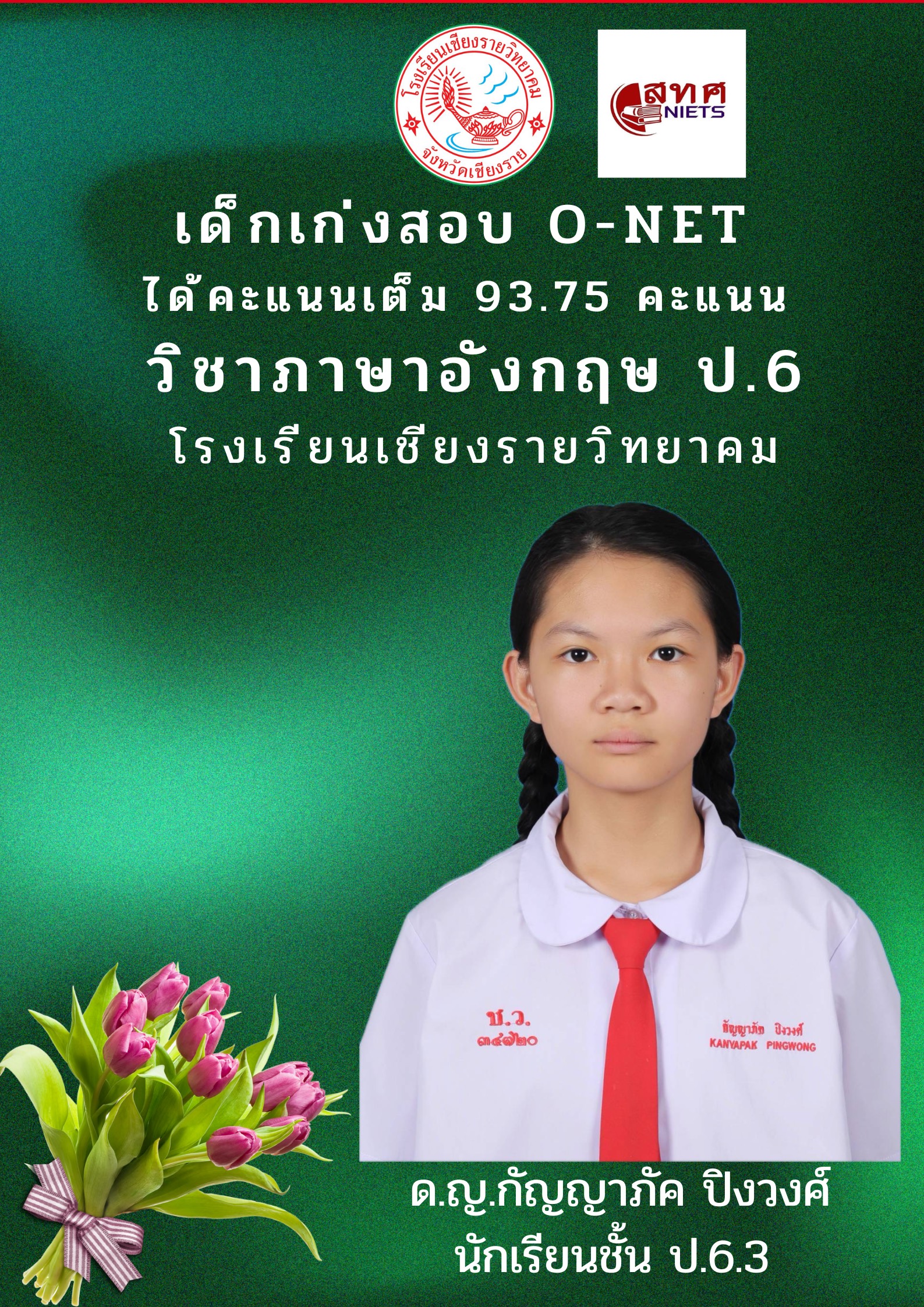 93.75 คะแนน O-NET วิชาภาษาอังกฤษ ประถมศึกษาปีที่ 6 